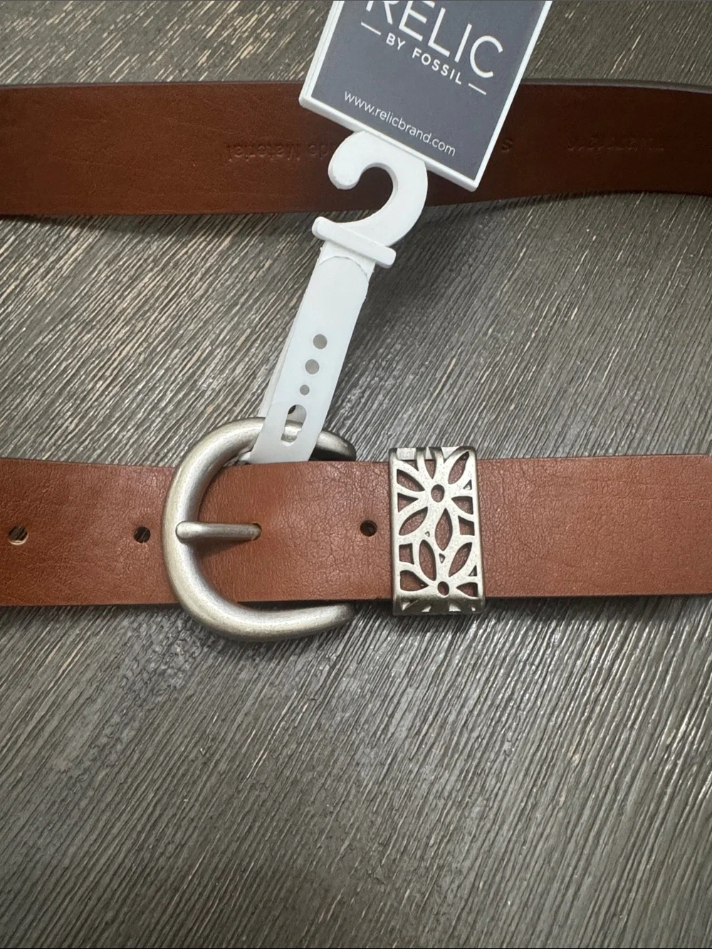 Relic By Fossil Chestnut Leather Belt with Silver Floral Slider